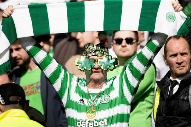 Celtic fans during a cinch Premiership match between Rangers and Celtic at Ibrox Stadium, on April 02, 2022, in Glasgow, Scotland.  (Photo by Craig Williamson / SNS Group)