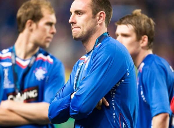 Kris Boyd in pensive mood at the end of the UEFA Cup Final in 2008 when he appeared as a late substitute for Rangers in their 2-0 defeat against Zenit St Petersburg in Manchester. (Photo by Bill Murray/SNS Group).