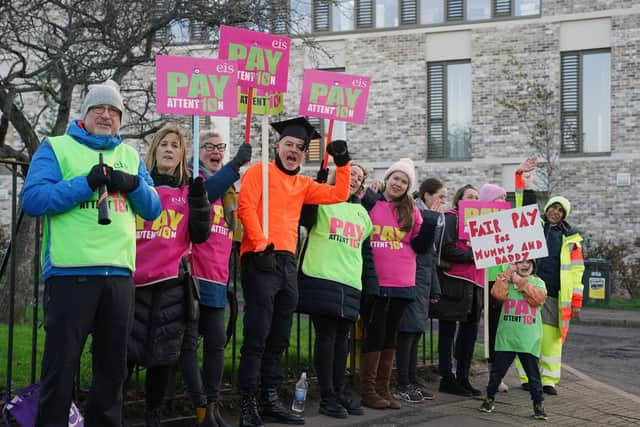 Teachers on the picket line outside Oxgangs Primary School in Edinburgh in a protest over pay. Picture: Jane Barlow/PA Wire