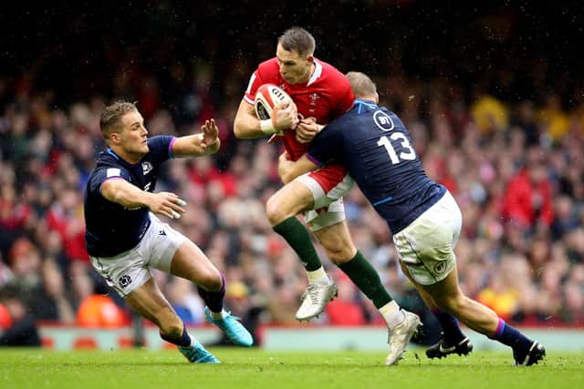Liam Williams tries to find a way through against Scotland pair Duhan van der Merwe and Chris Harris during Wales' 20-17 win in Cardiff. Picture: Nigel French/PA