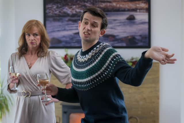 Gordon (Kieran Hodgson) enrages Cathy (Doon Mackichan) with his impression on her in Two Doors Down (Picture: BBC / Alan Peebles)