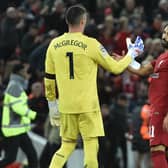 Mohamed Salah of Liverpool with Allan McGregor of Rangers at the  end UEFA Champions League group A match between Liverpool FC and Rangers FC at Anfield on October 04, 2022 in Liverpool, England. (Photo by Nick Taylor/Liverpool FC/Liverpool FC via Getty Images)