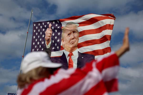 A flag featuring former President Donald Trump that supporters are flying near his Mar-a-Lago home (Photo by Joe Raedle/Getty Images)
