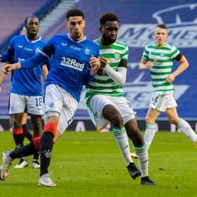 Rangers' Leon Balogun (left) battles with Celtic's Odsonne Edouard during a Scottish Premiership match between Rangers and Celtic at Ibrox Stadium, on January 02, 2021, in Glasgow, Scotland (Photo by Alan Harvey / SNS Group)
