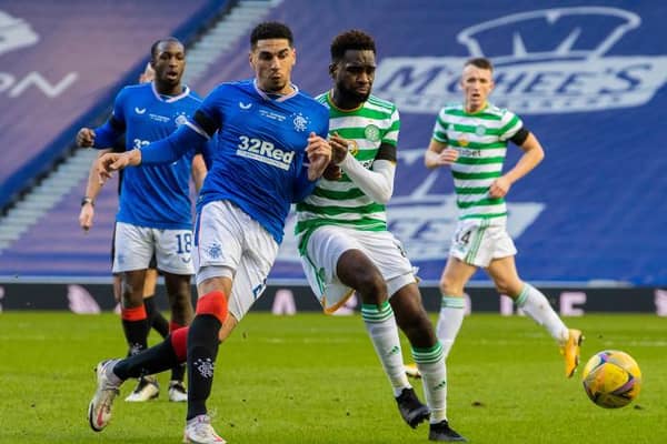 Rangers' Leon Balogun (left) battles with Celtic's Odsonne Edouard during a Scottish Premiership match between Rangers and Celtic at Ibrox Stadium, on January 02, 2021, in Glasgow, Scotland (Photo by Alan Harvey / SNS Group)