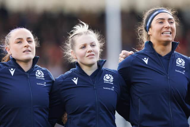 Evie Gallagher (left), Alex Stewart (centre) and Emma Wassell are part of the Scotland squad which will travel to South Africa to defend the WXV 2 title.  (Photo by Ross Parker / SNS Group)