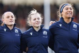 Evie Gallagher (left), Alex Stewart (centre) and Emma Wassell are part of the Scotland squad which will travel to South Africa to defend the WXV 2 title.  (Photo by Ross Parker / SNS Group)