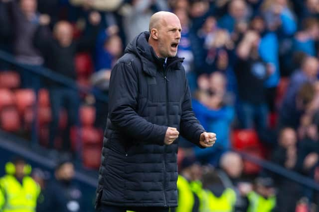 Philippe Clement celebrates Rangers' opener in the Scottish Cup semi-final against Hearts.