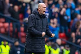 Philippe Clement celebrates Rangers' opener in the Scottish Cup semi-final against Hearts.