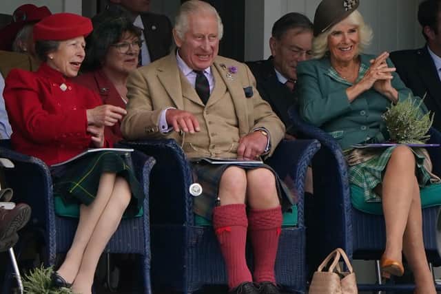 The Princess Royal, King Charles III and Queen Camilla during the Braemar Gathering highland games held a short distance from the royals' summer retreat at the Balmoral estate in Aberdeenshire. PIC: Andrew Milligan/PA Wire.