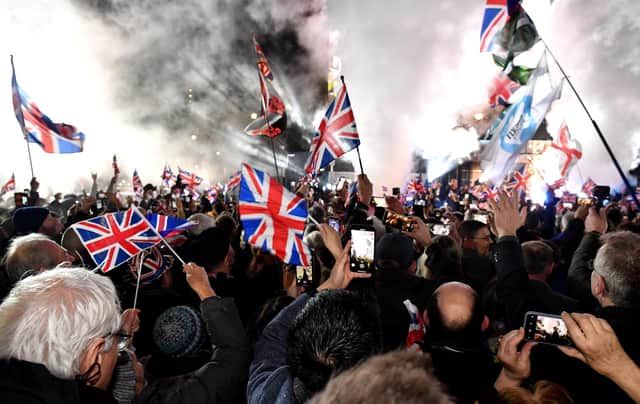 Leave Means Leave campaign group supporters celebrate as the United Kingdom exits the European Union on January 31, 2020 (Picture: Jeff J Mitchell/Getty Images)