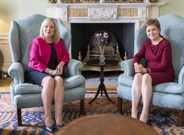 Nicola Sturgeon's strategy seems to be to hitch a ride on the electoral success of Sinn Fein's Northern Ireland leader Michelle O'Neill (Picture: Jane Barlow/pool/AFP via Getty Images)