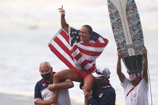 Carissa Moore of Team USA celebrates after winning gold PIC: by Ryan Pierse/Getty Images