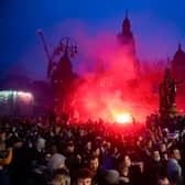 Rangers fans in George Square celebrating their team's title win on Sunday. Picture: SNS