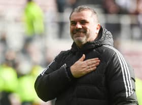 Celtic manager Ange Postecoglou celebrates Saturday's Scottish Cup quarter-final win over Hearts at Tynecastle. (Photo by Craig Foy / SNS Group)