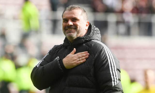 Celtic manager Ange Postecoglou celebrates Saturday's Scottish Cup quarter-final win over Hearts at Tynecastle. (Photo by Craig Foy / SNS Group)