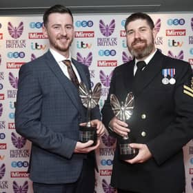 David Groves (right) and Alex Harvey with their Outstanding Bravery awards at the Pride of Britain Awards held at The Grosvenor House Hotel, London.