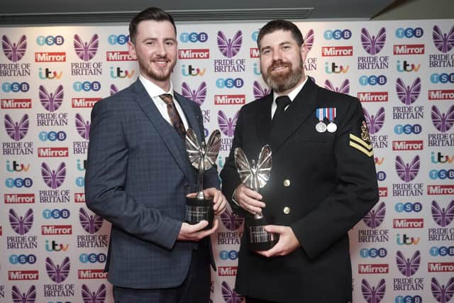 David Groves (right) and Alex Harvey with their Outstanding Bravery awards at the Pride of Britain Awards held at The Grosvenor House Hotel, London.