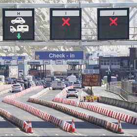 Cars queue at the check-in at the Port of Dover in Kent. Authorities have worked "around the clock" to clear both freight and tourist traffic in Dover, the port said. Some 72,000 passengers - more than 200 miles of tourist and freight traffic combined - had been processed by Sunday morning. Picture date: Sunday July 24, 2022.