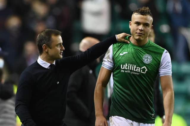 Hibs manager Shaun Maloney (left) is delighted to welcome back 'big personality' Ryan Porteous for the semi-final against Hearts. (Photo by Paul Devlin / SNS Group)