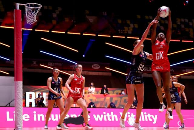 Sirens goal keeper Towera Vinkhumbo leaps highest during the match against Severn Stars in London.