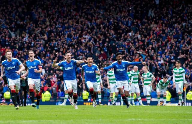Rangers players celebrate winning the penalty shoot-out against Celtic at Hampden in the 2016 Scottish Cup semi-final. (Photo by Alan Harvey/SNS Group).