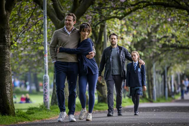 Nick Rhys plays Lockie Moncrieffe, Amy Manson plays Rhona Moncrieffe, Richard Rankin plays John Rebus and Mia McKenzie plays Sammy Rebus in the new BBC TV series Rebus. Picture: Alan Peebles