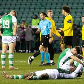 The Hibs players were left floored by Dortmund's late winner at Easter Road.