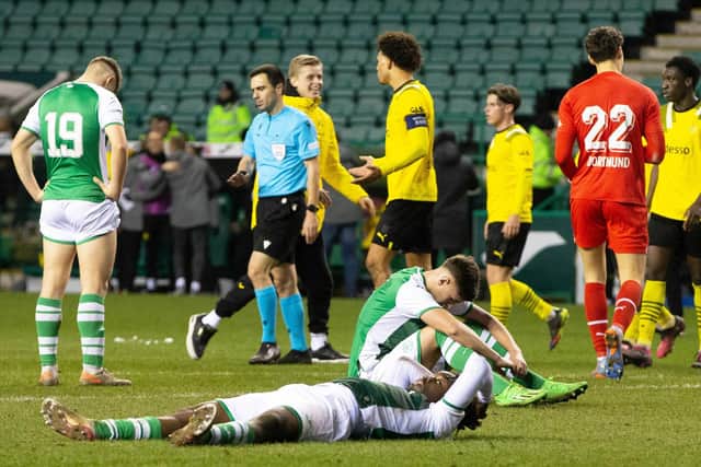 The Hibs players were left floored by Dortmund's late winner at Easter Road.