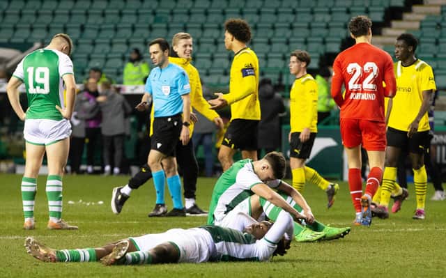 The Hibs players were left floored by Dortmund's late winner at Easter Road.