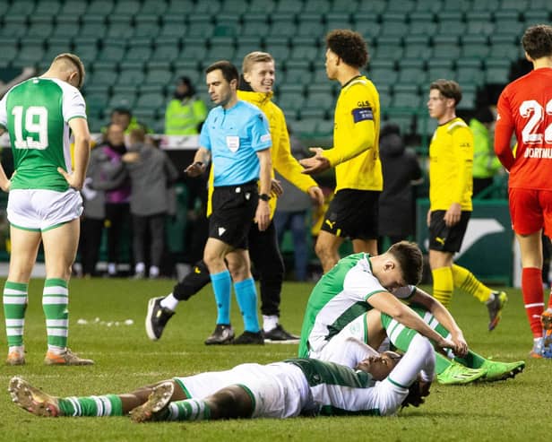 The Hibs players were left floored by Dortmund's late winner at Easter Road.
