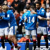 Connor Goldson and Ryan Kent celebrate Rangers taking the lead against Kilmarnock on Saturday.