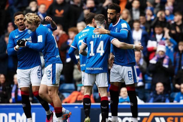 Connor Goldson and Ryan Kent celebrate Rangers taking the lead against Kilmarnock on Saturday.