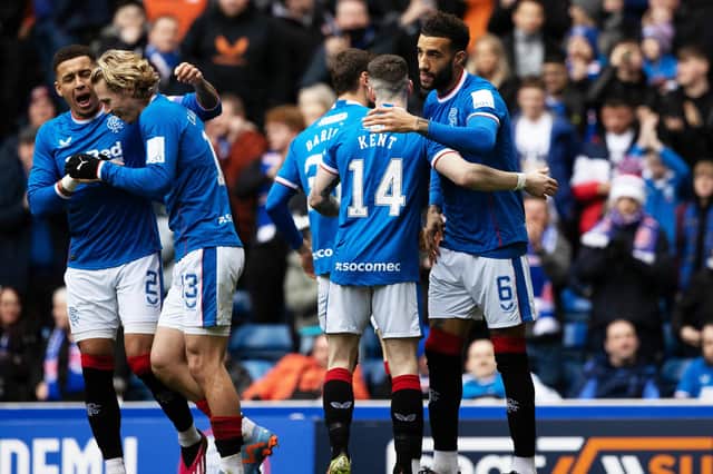 Connor Goldson and Ryan Kent celebrate Rangers taking the lead against Kilmarnock on Saturday.