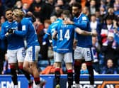 Connor Goldson and Ryan Kent celebrate Rangers taking the lead against Kilmarnock on Saturday.