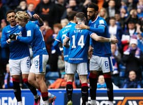 Connor Goldson and Ryan Kent celebrate Rangers taking the lead against Kilmarnock on Saturday.