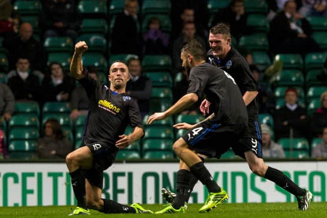 Imrie (left) celebrates after giving Morton a shock lead in extra time during the 2013 triumph at Celtic Park.