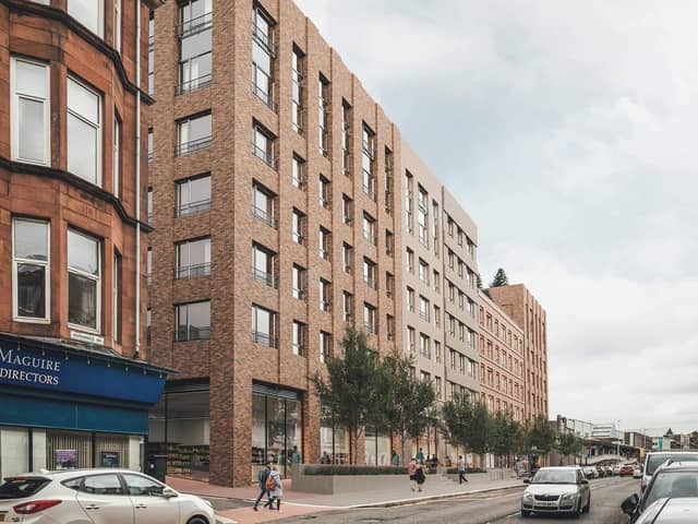 A computer-generated image of how the new development of 329 flats in the Shawlands area of Glasgow should look when completed.