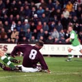 Pat McGinlay - seen here scoring against Hearts in 1998 - was a prodigious goalscorer from midfield in his two spells at Hibs