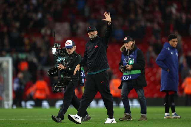 Jurgen Klopp, Manager of Liverpool acknowledges the fans after their side's victory during the UEFA Champions League group A match between Liverpool FC and Rangers FC at Anfield on October 04, 2022 in Liverpool, England. (Photo by Clive Brunskill/Getty Images)