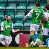 Hibs forward Martin Boyle celebrates his second goal of the game as the Easter Road side secured a 2-0  vctory over Aberdeen. Photo by Ross Parker / SNS Group