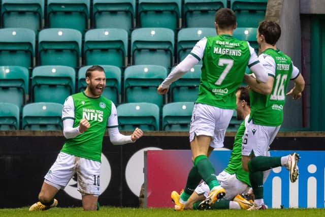 Hibs forward Martin Boyle celebrates his second goal of the game as the Easter Road side secured a 2-0 vctory over Aberdeen. Photo by Ross Parker / SNS Group