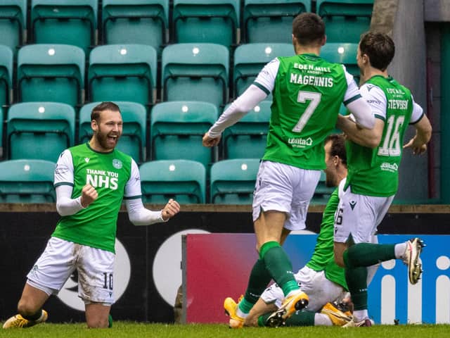 Hibs forward Martin Boyle celebrates his second goal of the game as the Easter Road side secured a 2-0  vctory over Aberdeen. Photo by Ross Parker / SNS Group