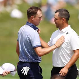 Justin Thomas congratulates playing partner Xander Schauffele on his flying start in the 106th PGA Championship at Valhalla Golf Club in Louisville, Kentucky. Picture: Christian Petersen/Getty Images.