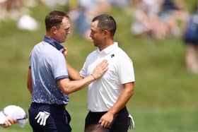 Justin Thomas congratulates playing partner Xander Schauffele on his flying start in the 106th PGA Championship at Valhalla Golf Club in Louisville, Kentucky. Picture: Christian Petersen/Getty Images.