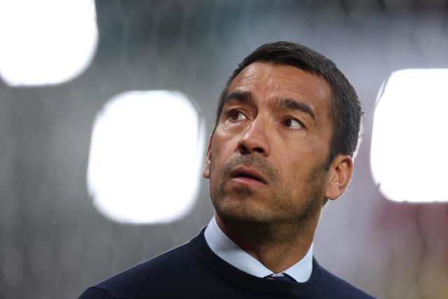 LEIPZIG, GERMANY - APRIL 28: Giovanni van Bronckhorst, Head Coach of Rangers looks on prior to the UEFA Europa League Semi Final Leg One match between RB Leipzig and Rangers at Football Arena Leipzig on April 28, 2022 in Leipzig, Germany. (Photo by Maja Hitij/Getty Images)