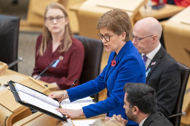 First Minister Nicola Sturgeon during First Minster's Questions (FMQs) in the debating chamber of the Scottish Parliament in Edinburgh. Picture date: Thursday November 3, 2022.