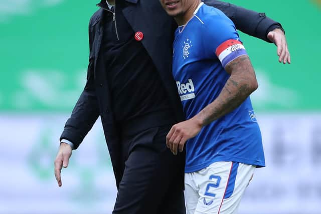 Steven Gerrard celebrates with James Tavernier  after the Ladbrokes Scottish Premiership match between Celtic and Rangers at Celtic Park on October 17, 2020 in Glasgow, Scotland.