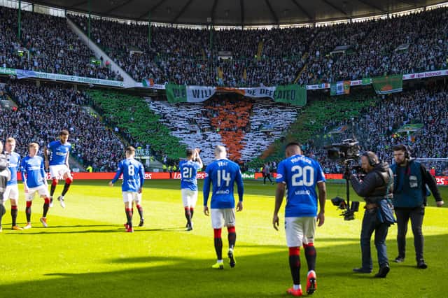Rangers' players take to pitch for the March 2019 derby during Michael Beale's first spell when they Ibrox club did have a small section of their own supporters, as won't be the case on Saturday for the Englishman's first game at the stadium as manager. (Photo by SNS Group/Craig Williamson).