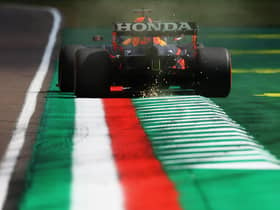 Max Verstappen of the Netherlands driving the (33) Red Bull Racing RB16B Honda on track during practice ahead of the F1 Grand Prix of Emilia Romagna at Autodromo Enzo e Dino Ferrari on 16 April 2021 in Imola, Italy. (Photo by Bryn Lennon/Getty Images)